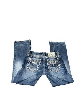 Miss Me Embellished Bootcut Jeans Medium Wash Rhinestone Flap Pockets Size 25